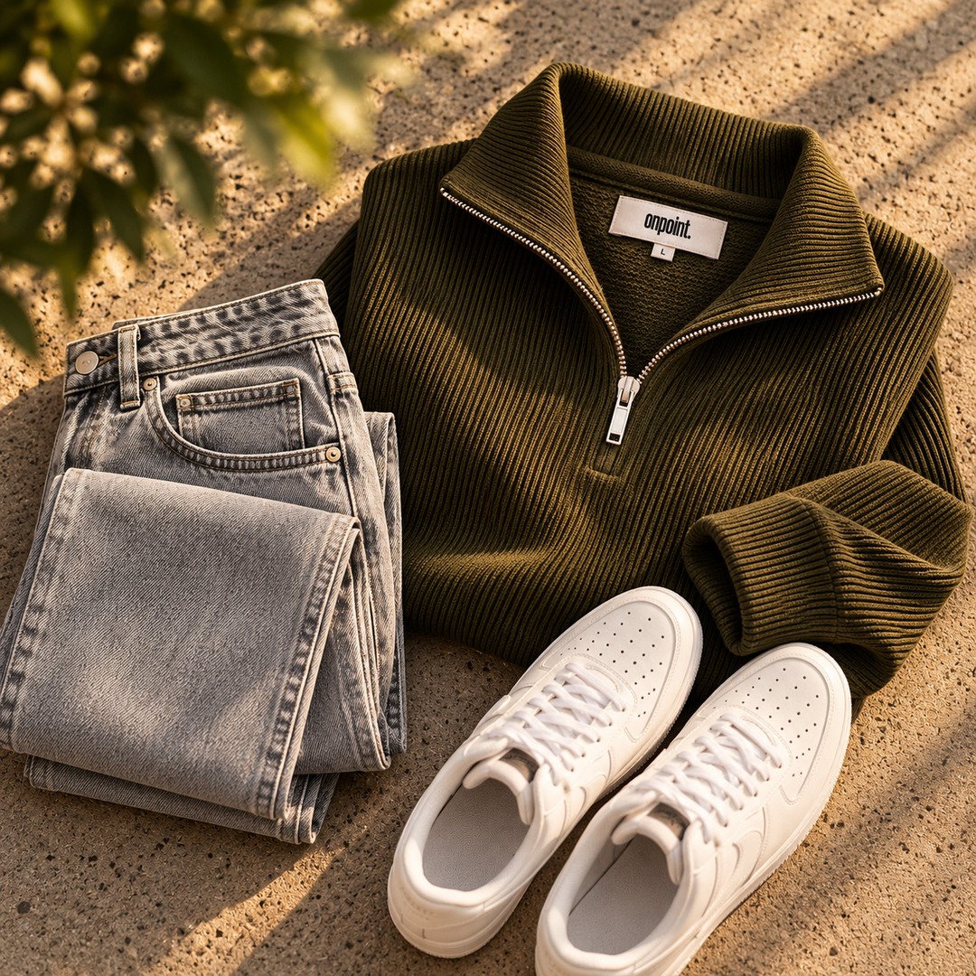 onpoint. olive quarter-zip flatlay